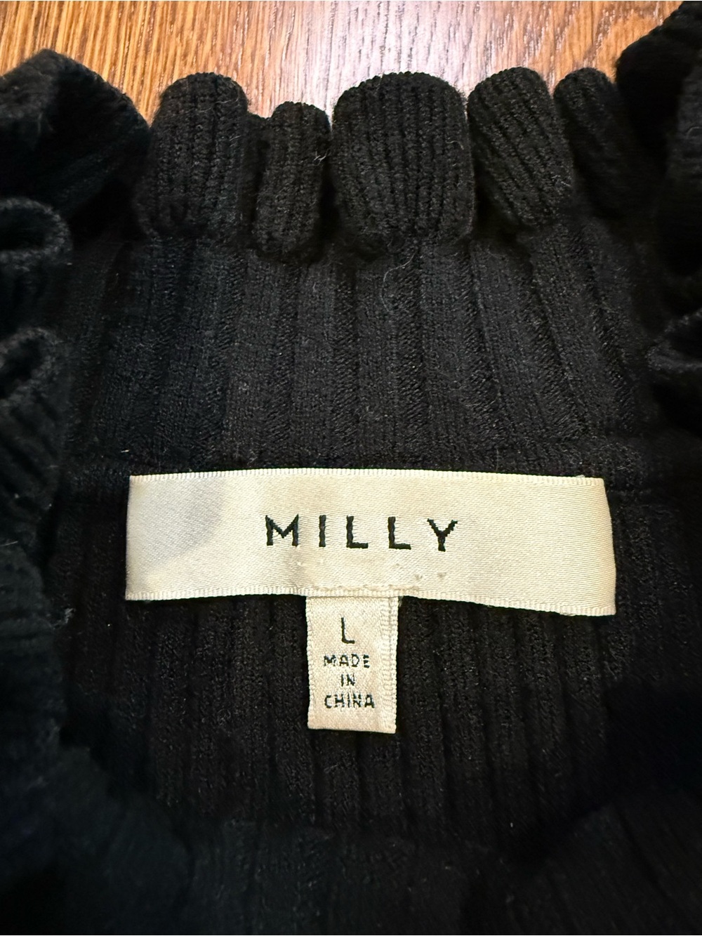 Milly Black Ribbed Ruffle Mock Neck Top L - Picture 2 of 5